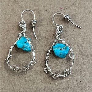Silver 925  and Turquoise Wire Wrapped , ARTISAN Earrings DROP, Sterling pierced